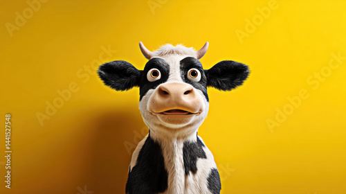 Obraz na płótnie This charming cartoon cow features expressive eyes and a cheerful demeanor, set against a vibrant yellow backdrop. w salonie