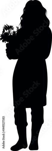 Silhouette Illustration of a Female Gardener Carrying Flowers in a Pot