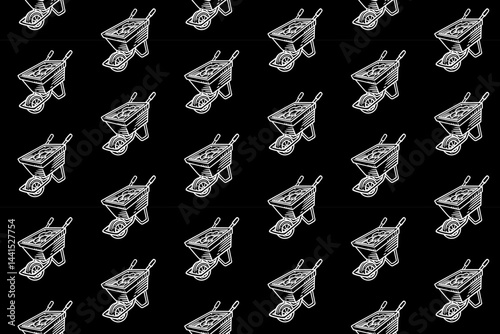 old mine trolley train doodle seamless pattern on black background for miner, explorer, adventure classic trolley cart engraving pattern background. retro minecart hatching illustration wallpaper