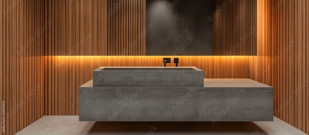 Modern Minimalist Bathroom Design with Concrete Vanity and Wooden Walls