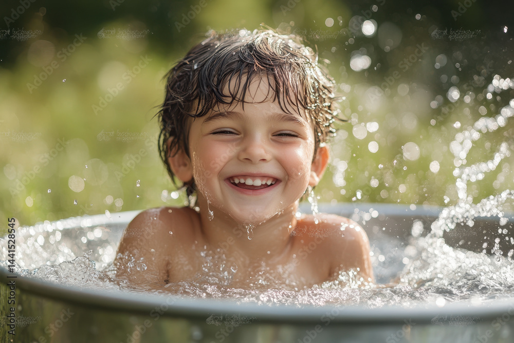 Young boy smiling in a tub.