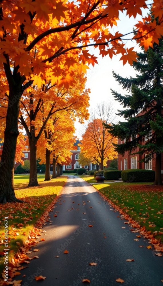 Obraz premium Golden autumn light bathes a college campus road, vibrant fall foliage , fall, red