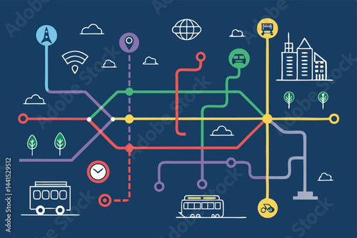 Create a vibrant vector illustration of a detailed subway map layout featuring predominantly red colored lines, showcasing intricate route connections and station markers.