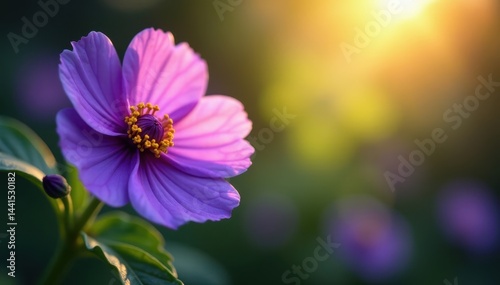 Intricate purple flower, delicate foliage, sunlit scene , petals, detail, color