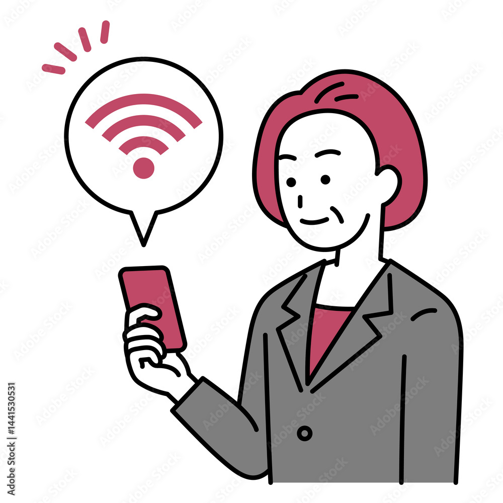 Wi-Fi-に繋がっているスマートフォンを持つ中年のスーツの女性 Wi-Fi-に繋がっているスマートフォンを持つ中年のスーツの女性