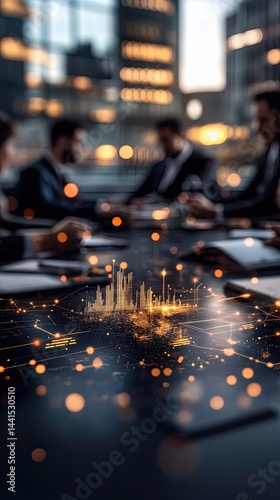 Ethical leadership in AI and emerging technologies, Future of ethical leadership in AI and emerging technologies Blurred office meeting scene with digital interaction and modern city backdrop.
