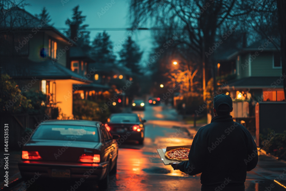 A man holding a pizza box, walking on a busy street. A man holding a pizza box, walking on a busy street.