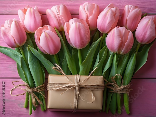 Pink tulips and gift