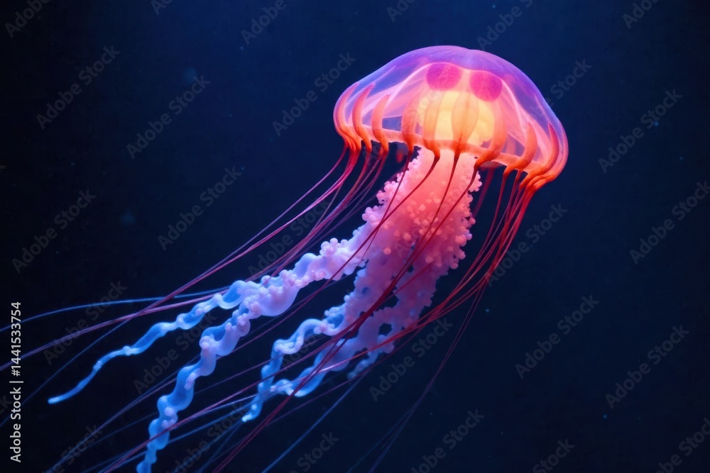 Fototapeta premium Glowing Pacific sea nettle jellyfish swims, showcasing bioluminescent patterns , sea, dark