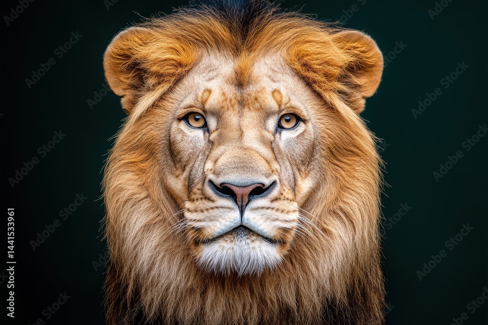 Fototapeta premium A majestic lion stares directly ahead, showcasing its impressive mane against a dark background.