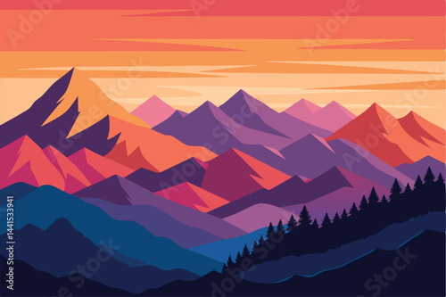 Generate a vibrant, geometric abstract painting depicting a mountain landscape at sunset.  Emphasize sharp lines and bold color contrasts.