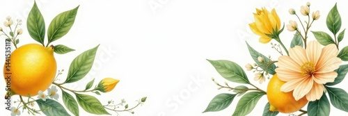 Rustic lemon & floral watercolor; vintage style bouquet , retro, citrus