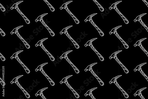 old pickaxe miner doodle seamless pattern on black background for miner, explorer, adventure pole pickaxe engraving pattern background. retro pickaxe mining tool hatching illustration wallpaper