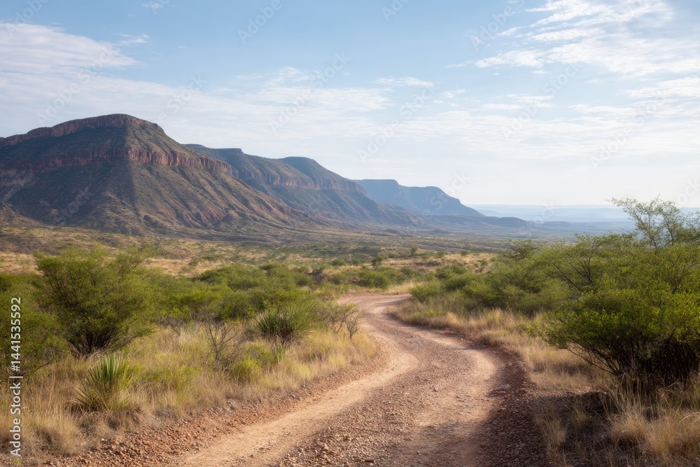 empty dirt trail winds through vast national park surrounded by sparse green foliage under pale blue sky empty dirt trail winds through vast national park surrounded by sparse green foliage under pale blue sky