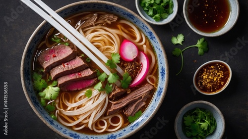 Wallpaper Mural Delicious bowl of noodle soup with tender meat garnished with herbs and sauces Torontodigital.ca
