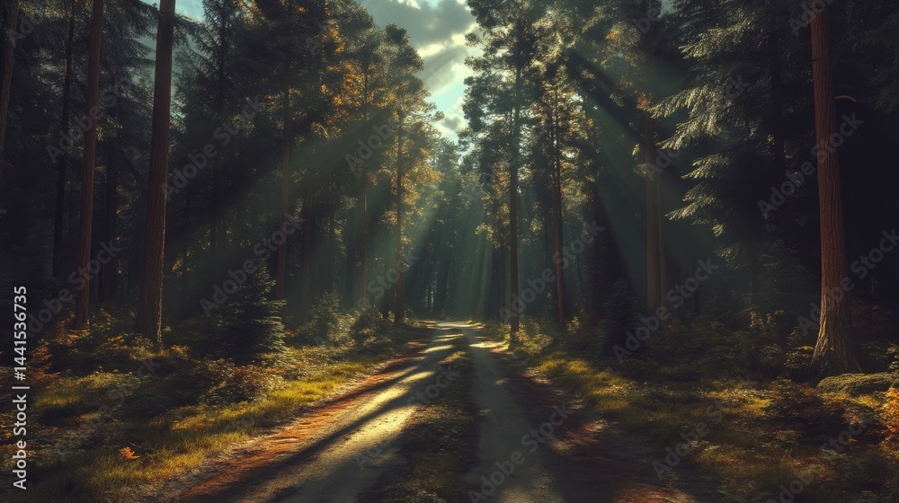 Obraz premium Sunbeams piercing a dense forest path