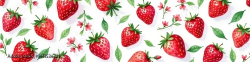 Vibrant watercolor strawberries, blossoms & leaves, repeating pattern , texture, cute