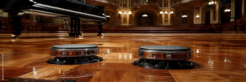 Naklejka premium Acoustic isolation pads on polished hardwood floor in concert hall