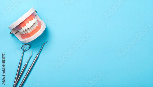 Dental tools and teeth model on blue background