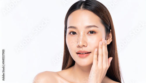 Asian woman touching her face with radiant skin, beauty concept