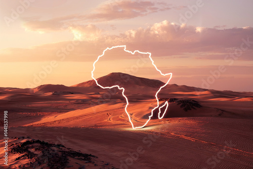 Africa Outline in Desert Landscape at Sunset