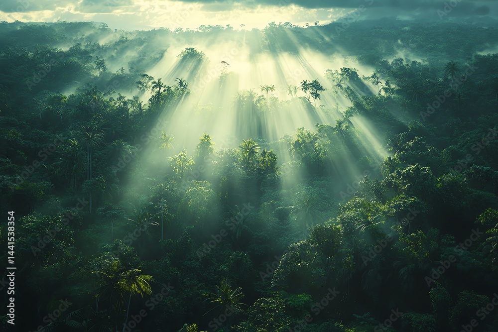 Obraz premium A dense rainforest under morning light with intricate