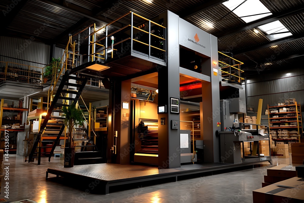 Large automated printing press in operation warehouse environment industrial viewpoint manufacturing Large automated printing press in operation warehouse environment industrial viewpoint manufacturing