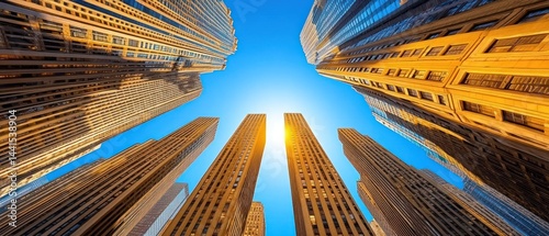 Obraz na płótnie Golden Hour Skyscrapers: A City's Reach for the Sun w salonie