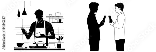 silhouette, black and white, smartphone, mobile phone, hand holding phone, person with smartphone, man silhouette, woman silhouette, mobile device, digital device, minimalistic, monochrome, communicat