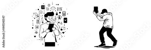 silhouette, black and white, smartphone, mobile phone, hand holding phone, person with smartphone, man silhouette, woman silhouette, mobile device, digital device, minimalistic, monochrome, communicat