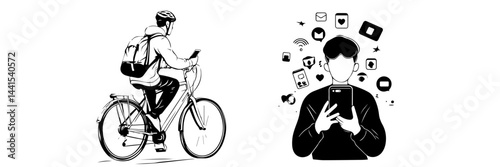 silhouette, black and white, smartphone, mobile phone, hand holding phone, person with smartphone, man silhouette, woman silhouette, mobile device, digital device, minimalistic, monochrome, communicat