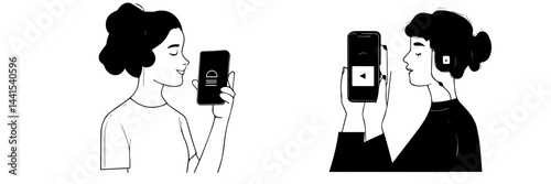 silhouette, black and white, smartphone, mobile phone, hand holding phone, person with smartphone, man silhouette, woman silhouette, mobile device, digital device, minimalistic, monochrome, communicat