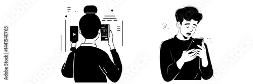 silhouette, black and white, smartphone, mobile phone, hand holding phone, person with smartphone, man silhouette, woman silhouette, mobile device, digital device, minimalistic, monochrome, communicat