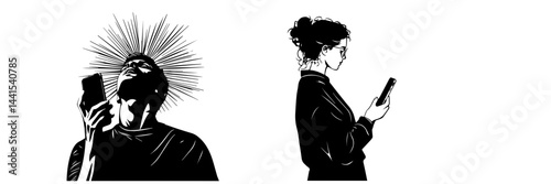 silhouette, black and white, smartphone, mobile phone, hand holding phone, person with smartphone, man silhouette, woman silhouette, mobile device, digital device, minimalistic, monochrome, communicat