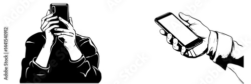 silhouette, black and white, smartphone, mobile phone, hand holding phone, person with smartphone, man silhouette, woman silhouette, mobile device, digital device, minimalistic, monochrome, communicat