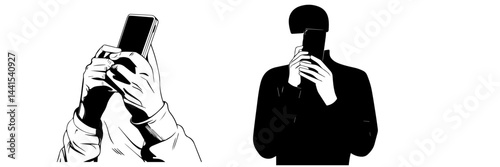 silhouette, black and white, smartphone, mobile phone, hand holding phone, person with smartphone, man silhouette, woman silhouette, mobile device, digital device, minimalistic, monochrome, communicat