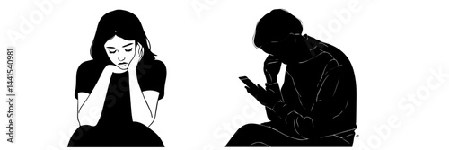 silhouette, black and white, smartphone, mobile phone, hand holding phone, person with smartphone, man silhouette, woman silhouette, mobile device, digital device, minimalistic, monochrome, communicat