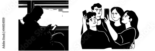 silhouette, black and white, smartphone, mobile phone, hand holding phone, person with smartphone, man silhouette, woman silhouette, mobile device, digital device, minimalistic, monochrome, communicat