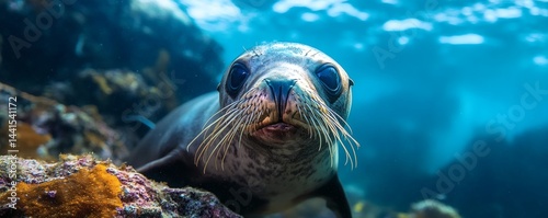Close-up of a curious sea lion underwater.