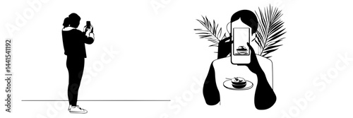 silhouette, black and white, smartphone, mobile phone, hand holding phone, person with smartphone, man silhouette, woman silhouette, mobile device, digital device, minimalistic, monochrome, communicat