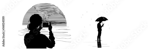silhouette, black and white, smartphone, mobile phone, hand holding phone, person with smartphone, man silhouette, woman silhouette, mobile device, digital device, minimalistic, monochrome, communicat