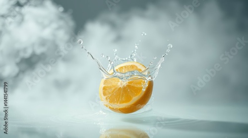 A vibrant yellow lemon slice bursts into action as it hits the water, splashing dynamically upwards.