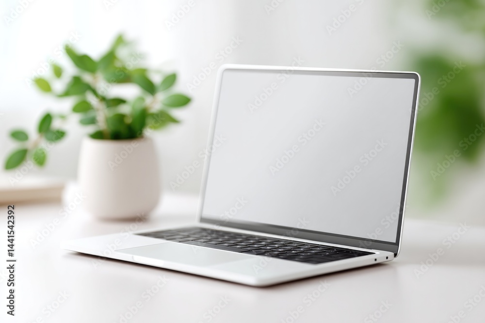 Fototapeta premium capture office setup featuring sleek laptop on minimalist desk showcasing essence of digital society