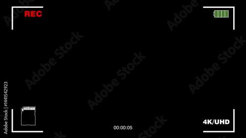 Screen recording animation with 4k resolution, isolated on black background, camera recording screen overlay