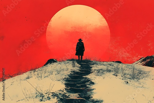 Silhouette figure on hilltop under a large red sun.