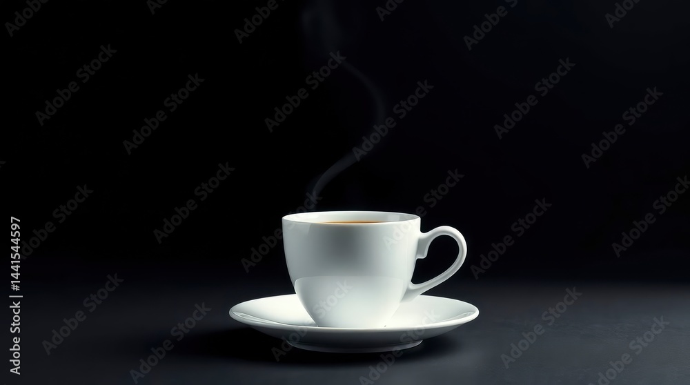 Elegant white cup with steaming coffee on saucer against a stark black backdrop evokes warmth.