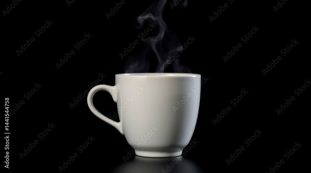 Elegant white mug emits a gentle curl of steam against stark black background, suggesting warmth Elegant white mug emits a gentle curl of steam against stark black background, suggesting warmth