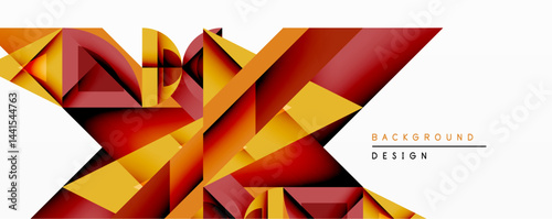 Abstract geometric design features overlapping polygons. Warm color palette dominatesreds, oranges, yellows. Dynamic composition creates visual interest, modern aesthetic. Minimalist style.