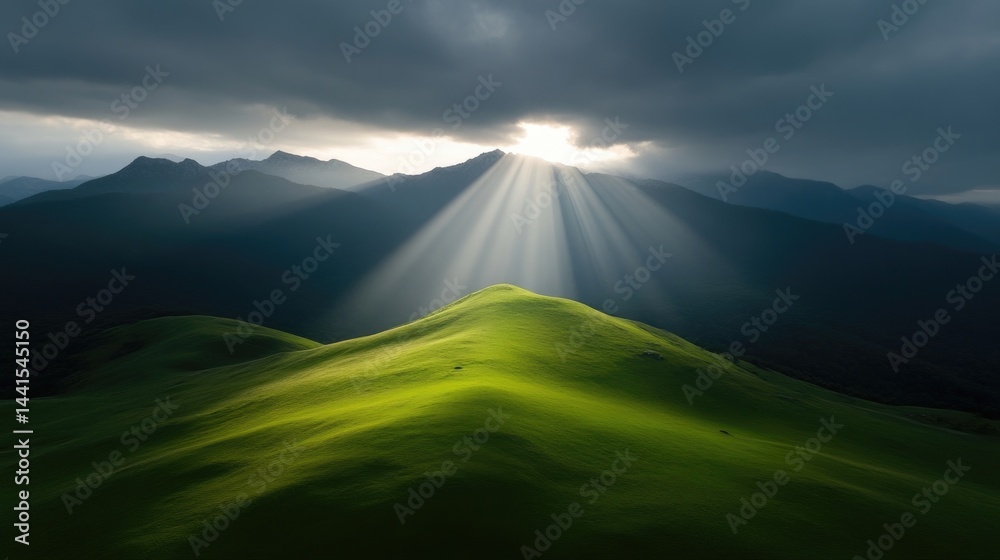 Fototapeta premium Sunbeams piercing through clouds over rolling hills