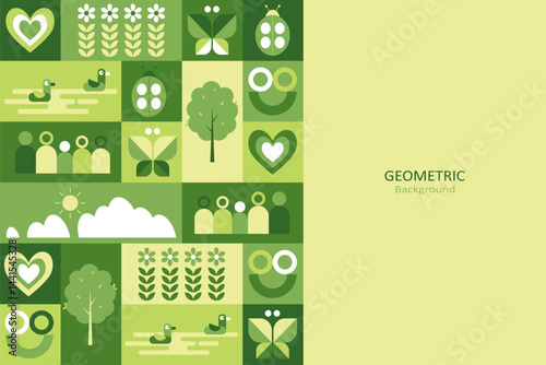 A clean geometric nature-themed background featuring abstract icons of trees, butterflies, flowers, people, and hearts with copy space for text. The design is eco-friendly and sustainable.